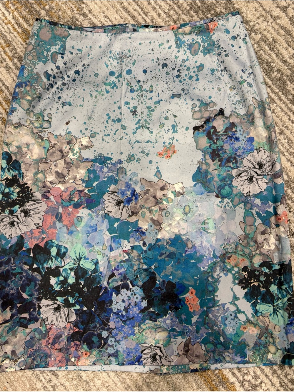 H&M Floral Watercolor Pencil Skirt in Teal, Blue, Pink